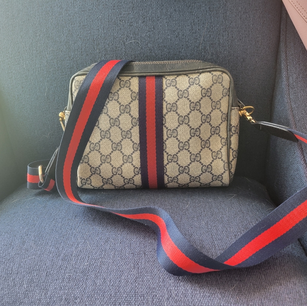 Gucci 80s Monogram GG Camera Bag w/Web Detail - vintage